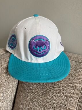 White and Teal Snapback Hat with Purple Bear Patch